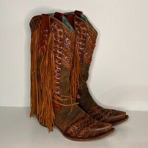 Corral Mayela Brown Leather Woven & Fringe Accent Western Boots Women Size 7 M